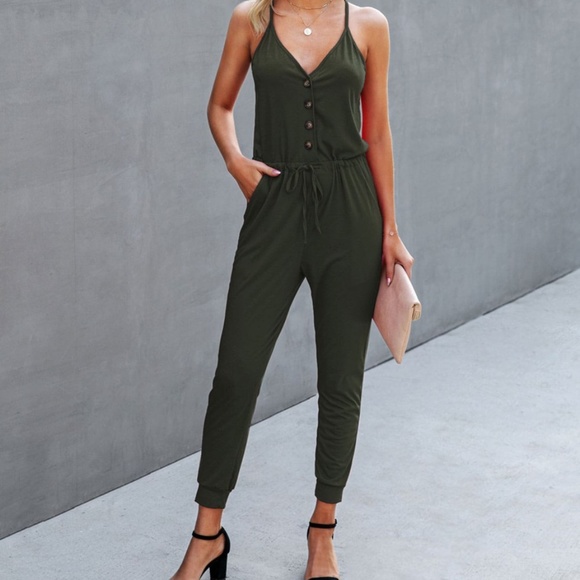 Pants - Drawstring Button Front Cami Jumpsuit Boho Olive